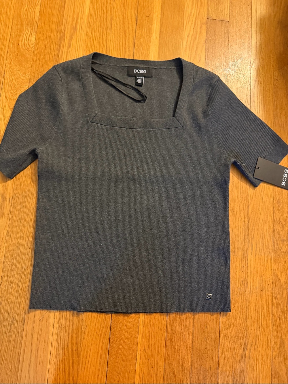BCBG Square Neck Short Sleeve Knit Top - Charcoal Gray